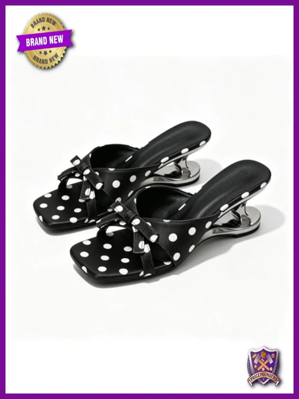 Faux Leather Polka Dot Bow Wedge Mule Slides Square Toe Slip On Dress Sandals